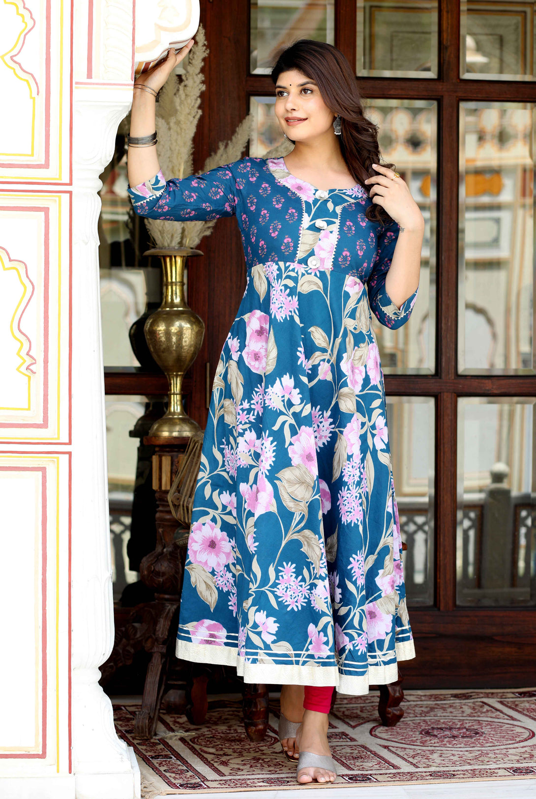 Women's Jaipuri Flower Printed Blue Anarkali Kurta With Beautiful Border Details - Miravan