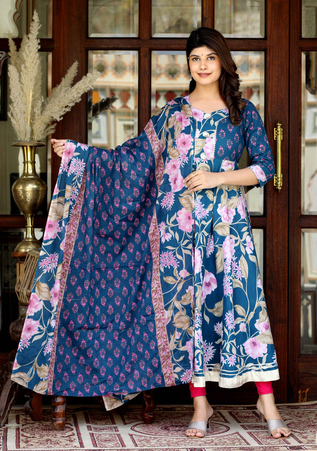 Women's Flower Printed Blue Anarkali Kurta With Beautiful Border Details And Dupatta - Miravan