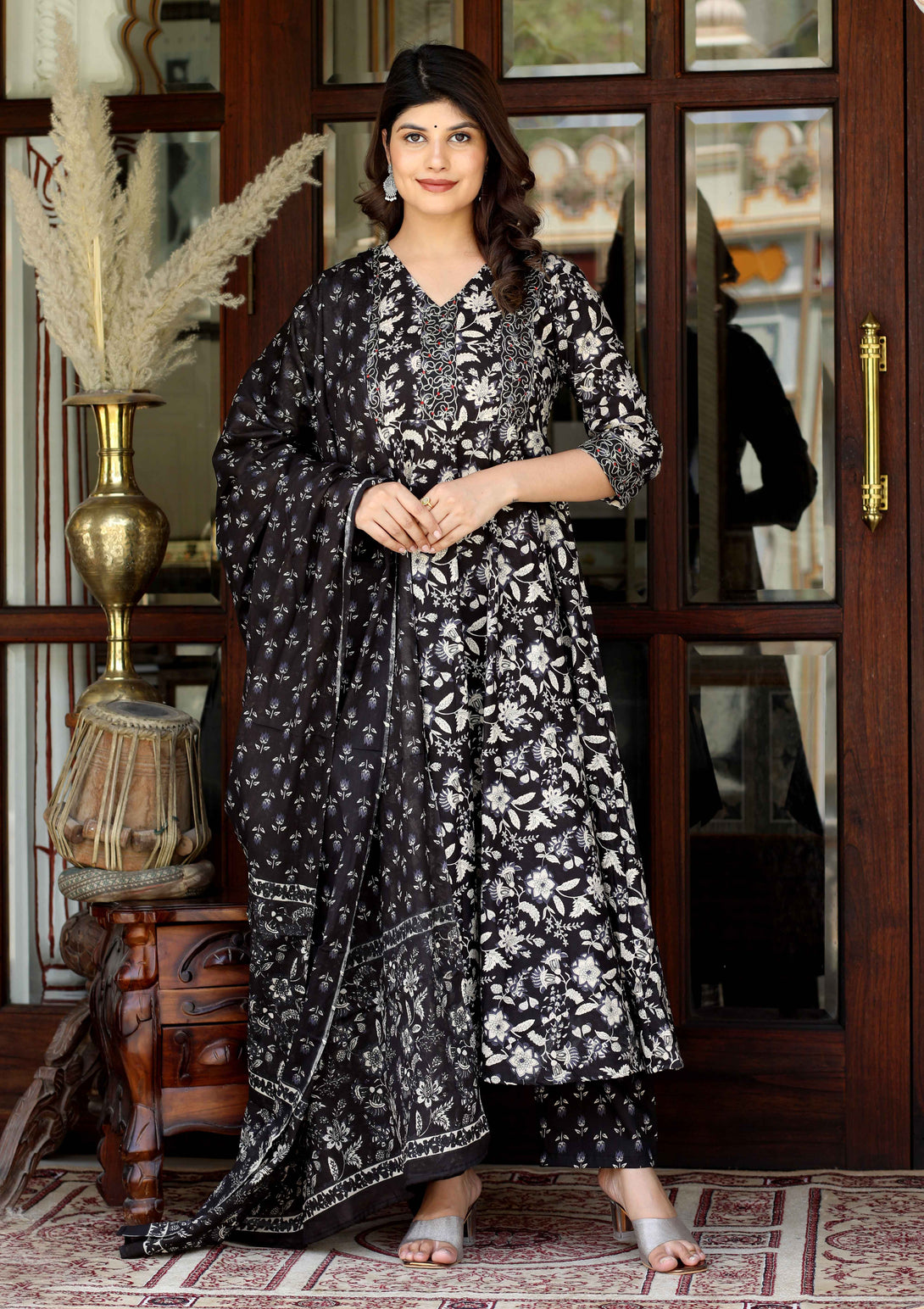 Women's Black Cotton Embroidered Attractive Anarkali Kurta And Palazzo With Dupatta Set - Miravan