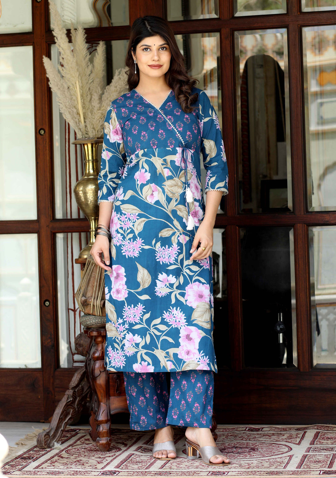 Women's Floral Block Printed Blue Angrakha Kurta With Floral Palazzo - Miravan