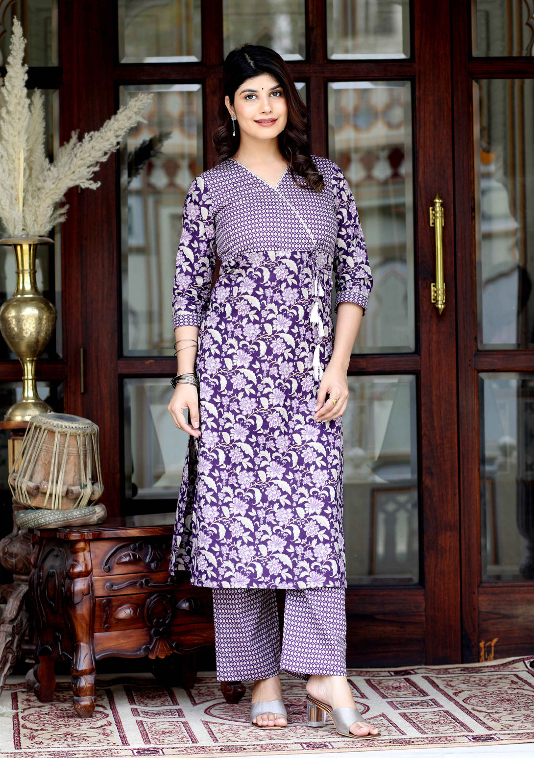 Women's Floral Block Printed Purple Angrakha Kurta With Floral Palazzo - Miravan