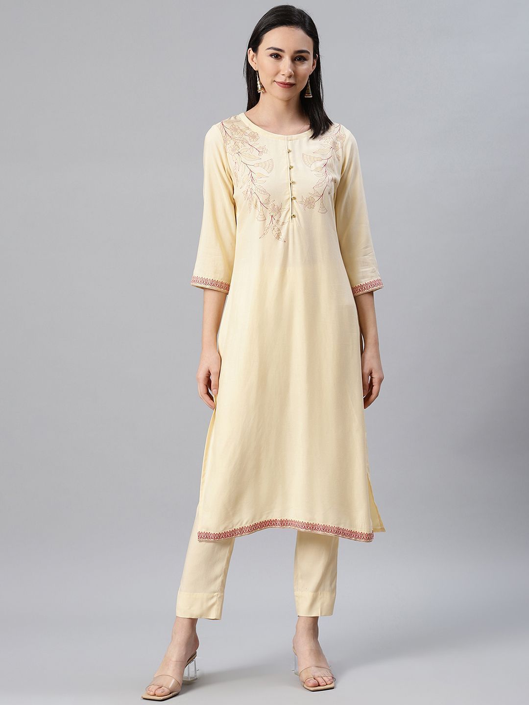 Women Beige Kurta and Pant Set by Ziyaa (2 Pc Set)