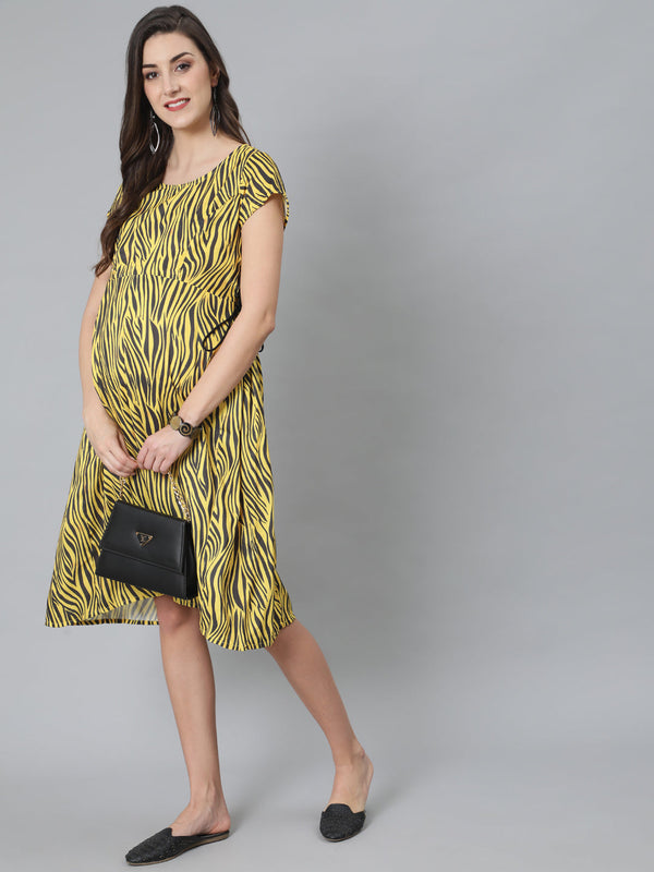 Women's Yellow & Black Animal Print Dress - Aks