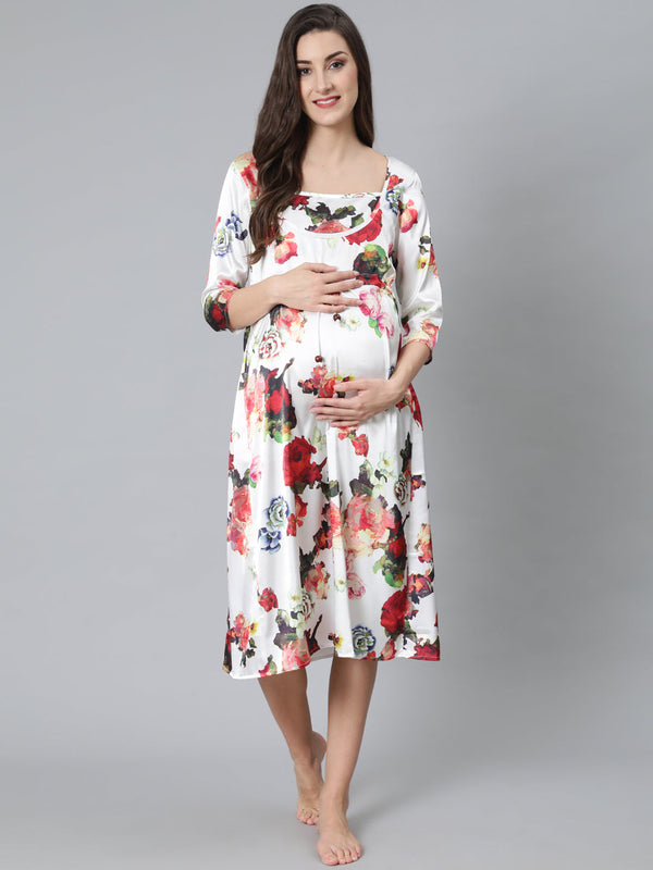 Women's White Floral Print Night Dress - Aks