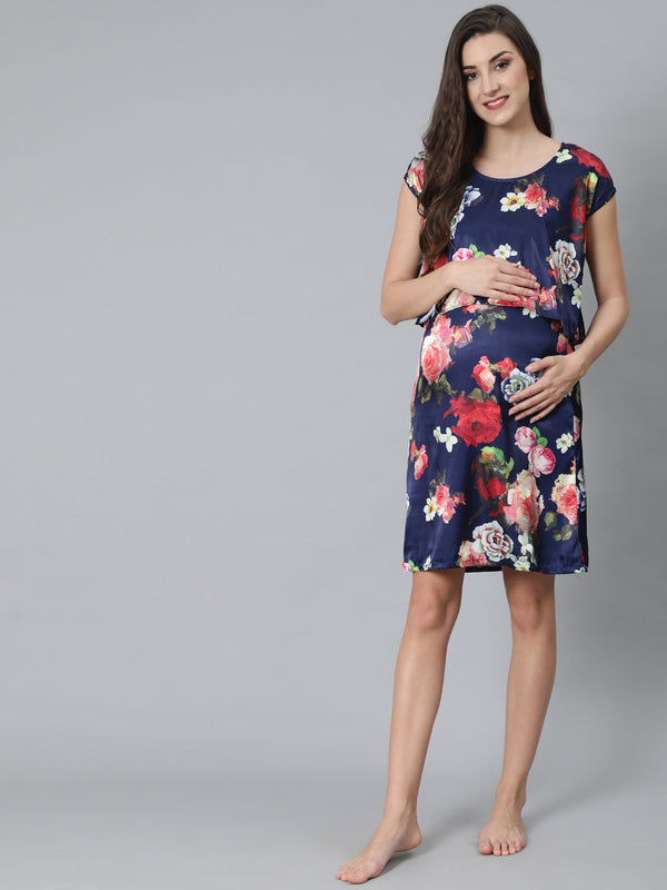 Women's Blue Floral Print Maternity Shift Dress - Aks