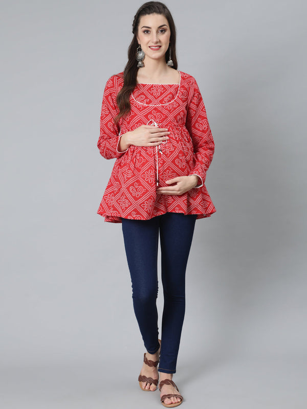 Women's Red Bandhani Print Maternity Tunic - Aks