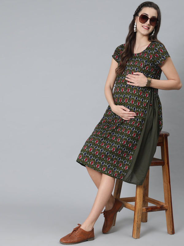 Women's Olive Patola Print Maternity A-Line Dress - Aks