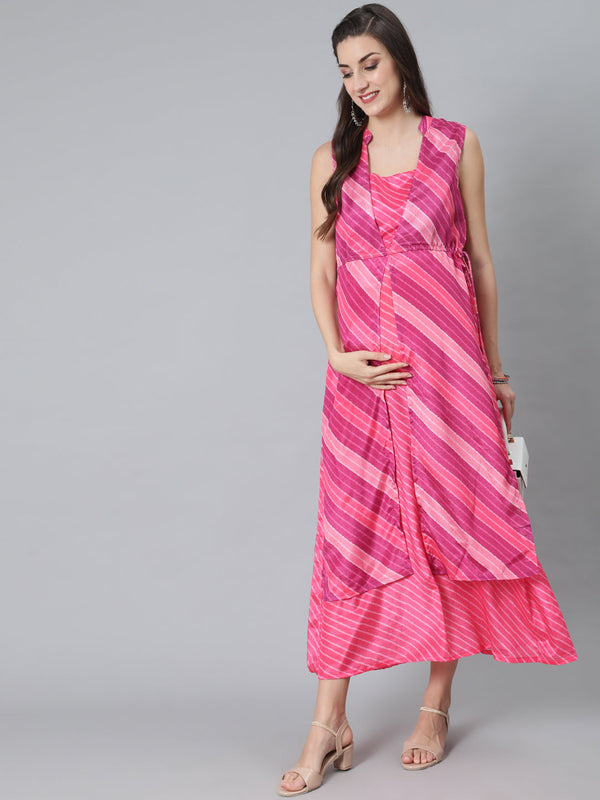 Women's Pink Leheriya Print Maxi Dress - Aks