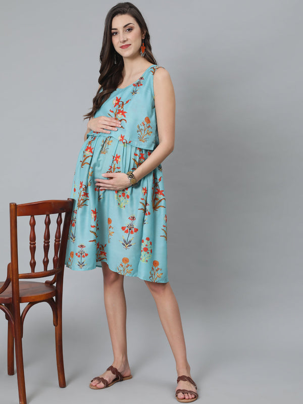 Women's Blue Floral Print Dress - Aks