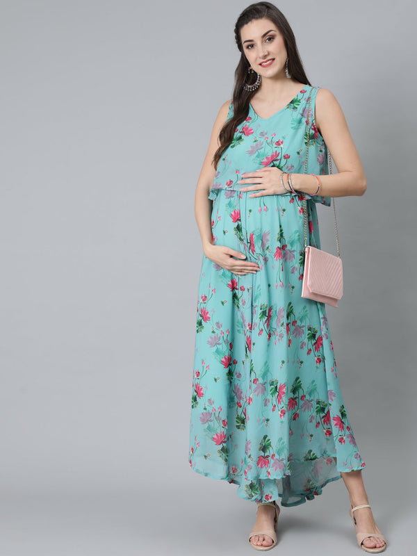 Women's Blue Floral Print Maxi Dress - Aks