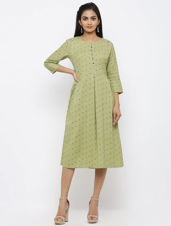 Women's Khadi Cotton Printed & Embroidered Flared Kurta - Maaesa