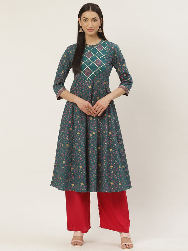 Women's Cotton Floral Printed & Gota Work Anarkali Kurta - Maaesa