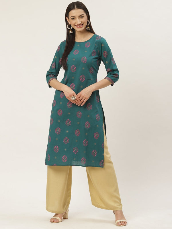 Women's Cotton Floral Printed & Gota Work Straight Kurta - Maaesa