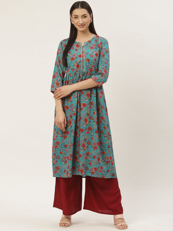 Women's Cotton Floral Printed & Gota Work Anarkali Kurta - Maaesa