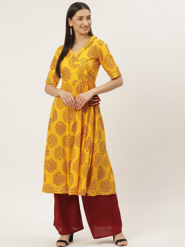 Women's Rayon Floral Printed & Gota Work Angrakha Kurta - Maaesa