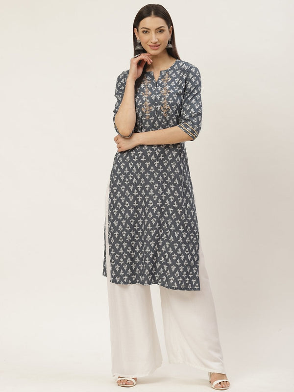 Women's Rayon Printed with Embroidered Straight Kurta - Maaesa