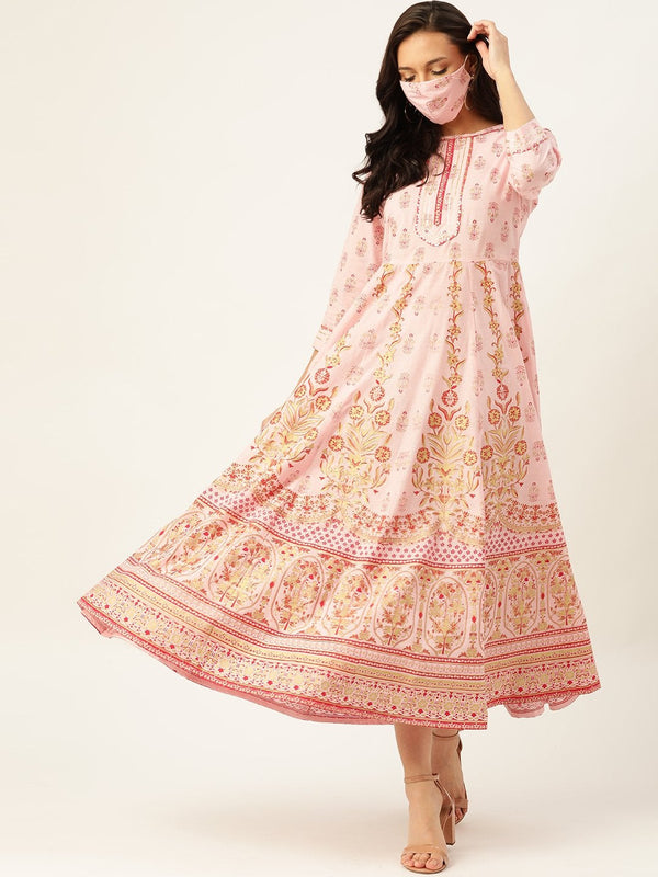 Women's Pink Cotton Gotta Detailing Anarkali - Maaesa