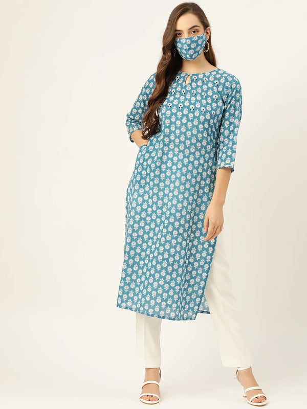 Women's Blue Handwork Straight Kurta - Maaesa