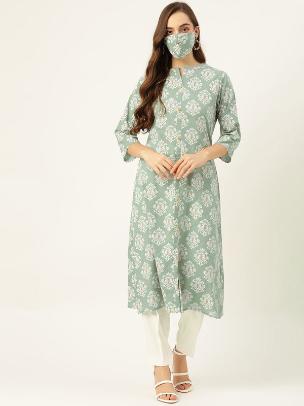 Women's Green Gold & Khadi Print Staright Kurta - Maaesa