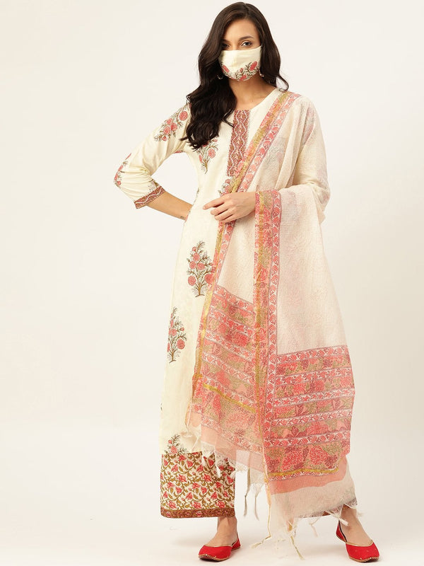 Women's Off White Printed Kurta With Dupatta & Trouser - Maaesa