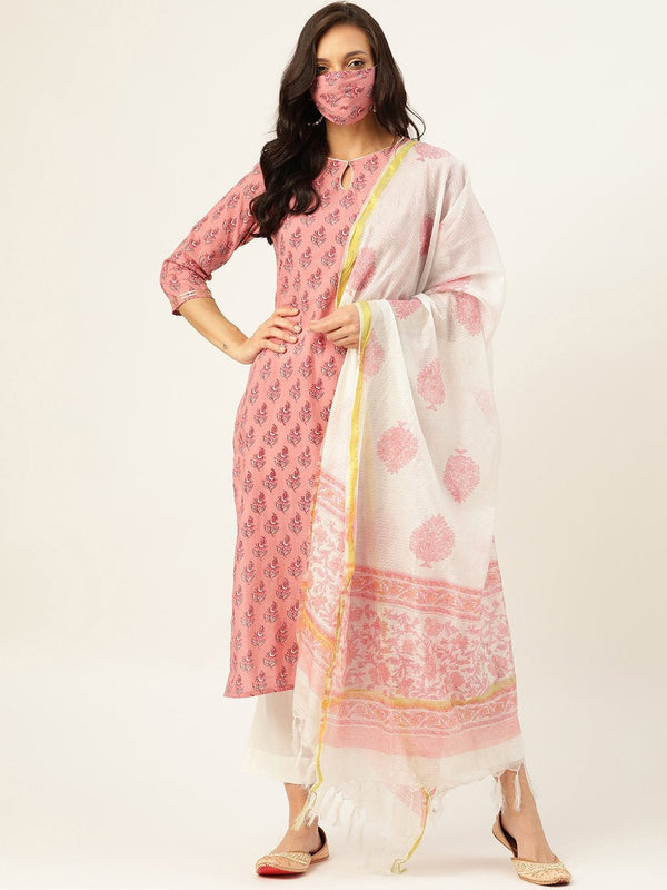 Women's Pink Printed Kurta With Dupatta & Trouser - Maaesa