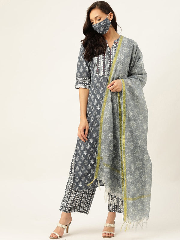 Women's Grey Printed Kurta With Dupatta & Trouser - Maaesa