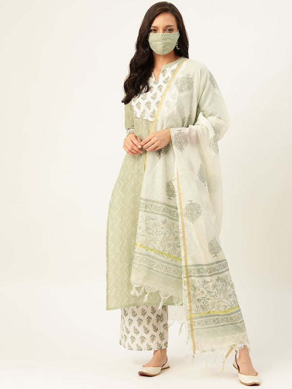 Women's Green Printed Kurta With Dupatta & Trouser - Maaesa