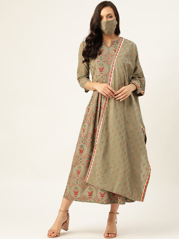 Women's Olive Green Gold Printed Anarkali With Dupatta - Maaesa