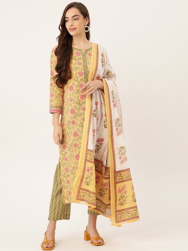 Women's Yellow Printed Kurta With Dupatta & Trouser - Maaesa