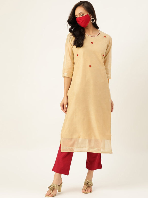 Women's Beige Chanderi Kurta With Trouser - Maaesa