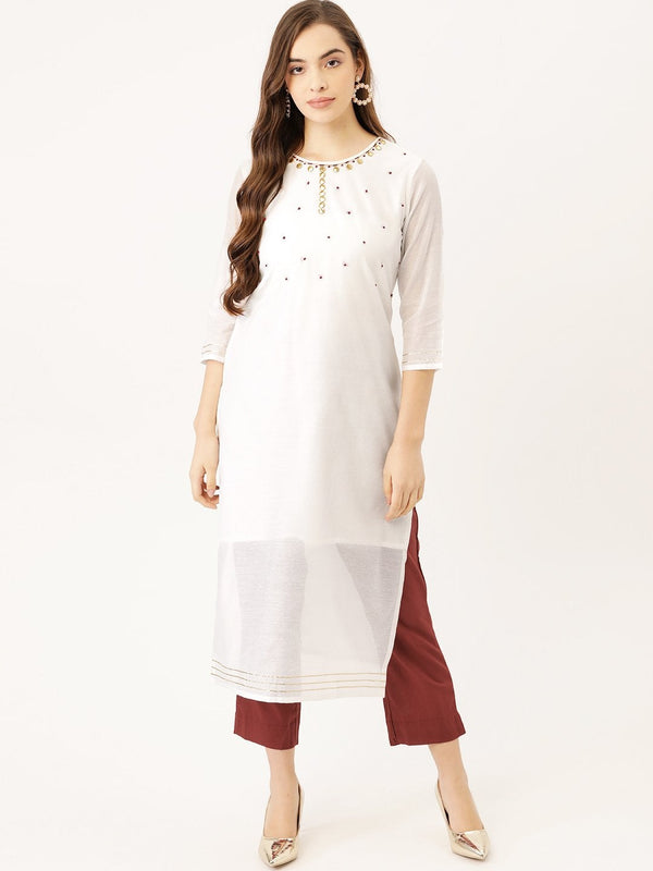 Women's White Chanderi Kurta With Trouser - Maaesa