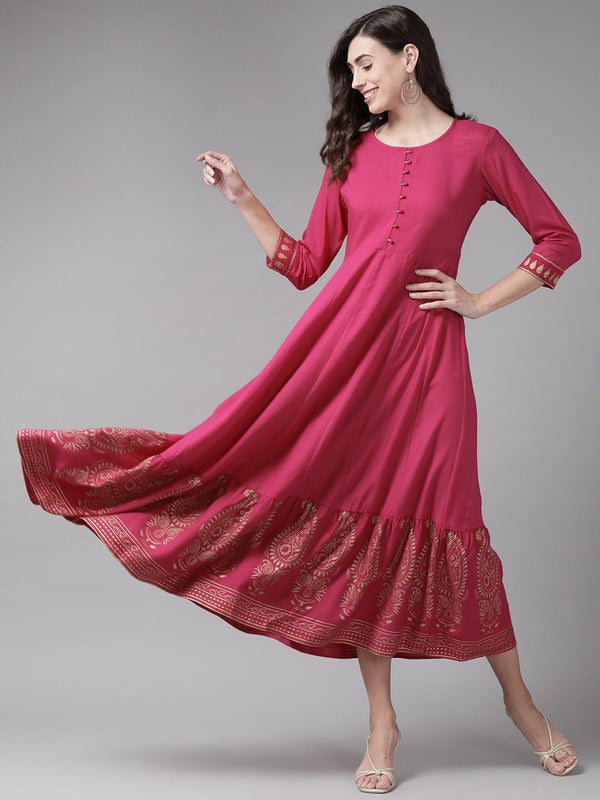 Magenta Ethnic Motifs Ethnic Maxi Dress-Indiakreations-JS9387DRSPKS