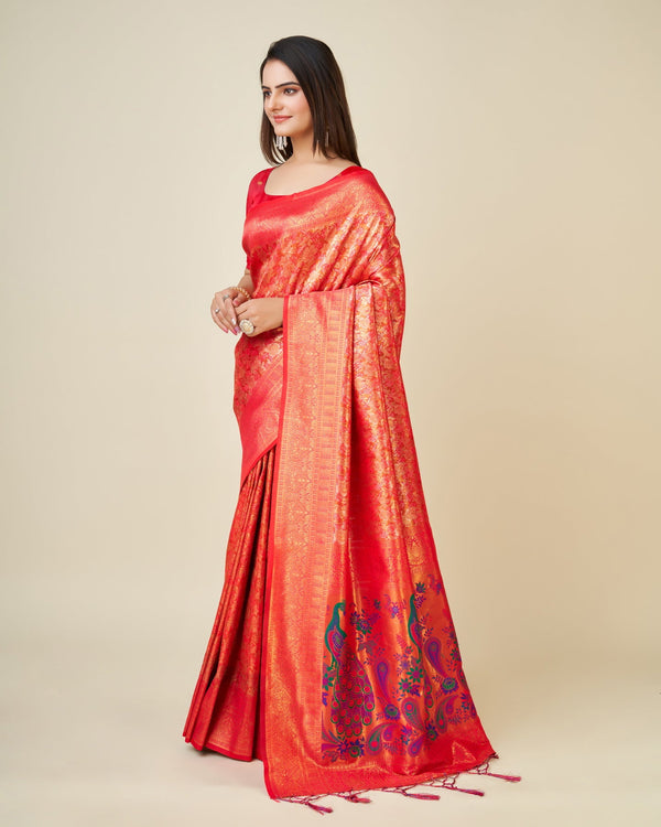 Women's Woven Saree With Blouse Set-Orange - Sweet Smile