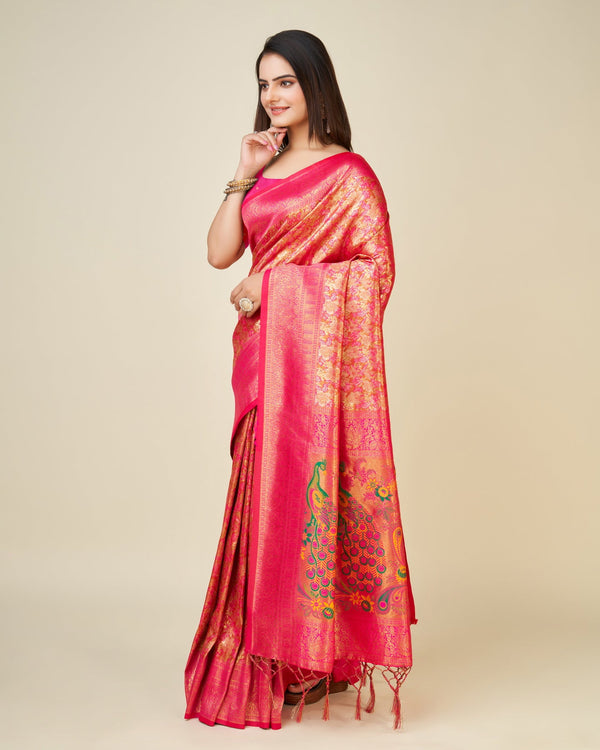 Women's Woven Saree With Blouse Set-Pink - Sweet Smile