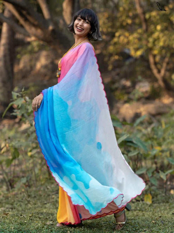 Women's Multi Color Linen Printed Saree - A2M