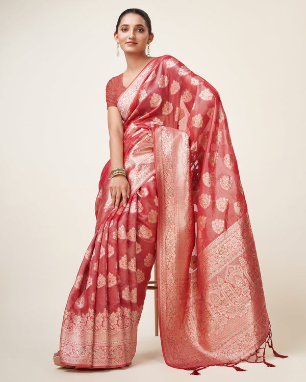 Women's Woven Saree With Blouse Set-Pink - Sweet Smile