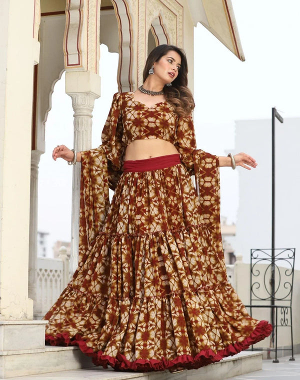 Women's Maroon Cosmos Tiered Lehenga - Lado Jaipuri