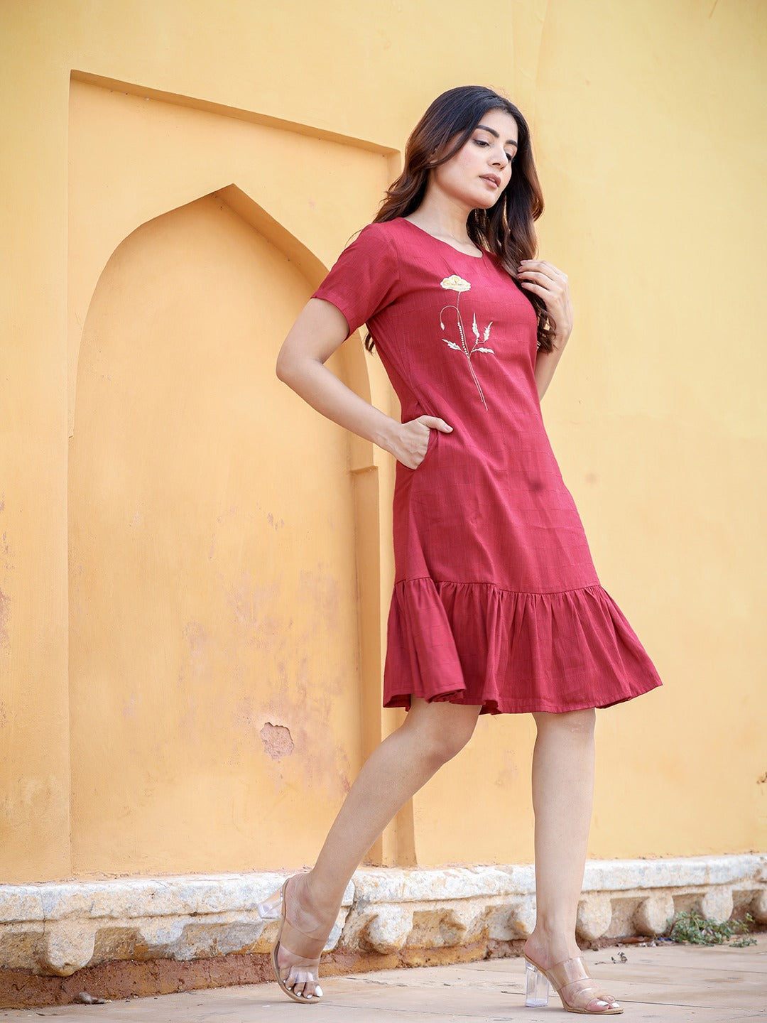 Maroon Floral Embroidered A-Line Midi Dress-Indiakreations-JS9851DRSMRS