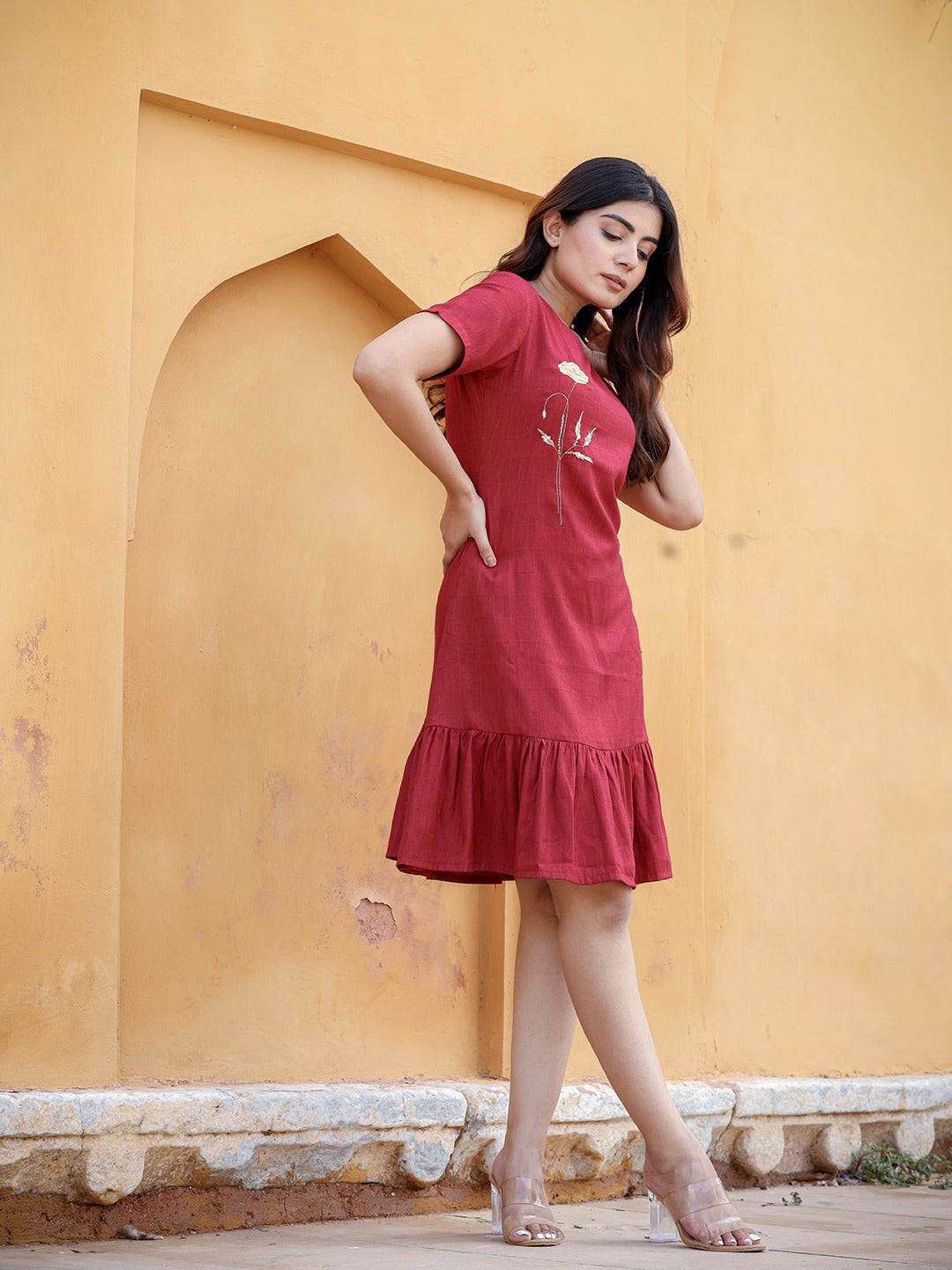 Maroon Floral Embroidered A-Line Midi Dress-Indiakreations-JS9851DRSMRS