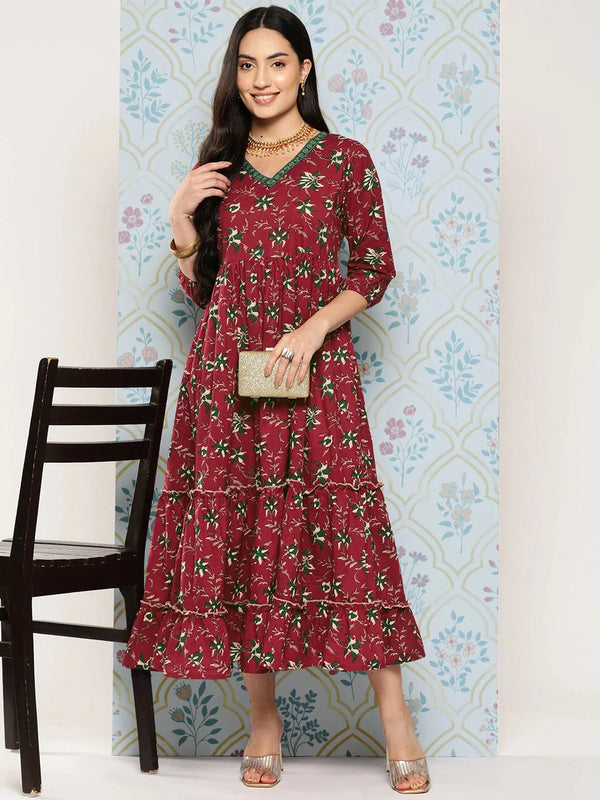 Maroon Floral Embroidered Fit & Flare Cotton Maxi Dress-Indiakreations-JS1144DRSMRS