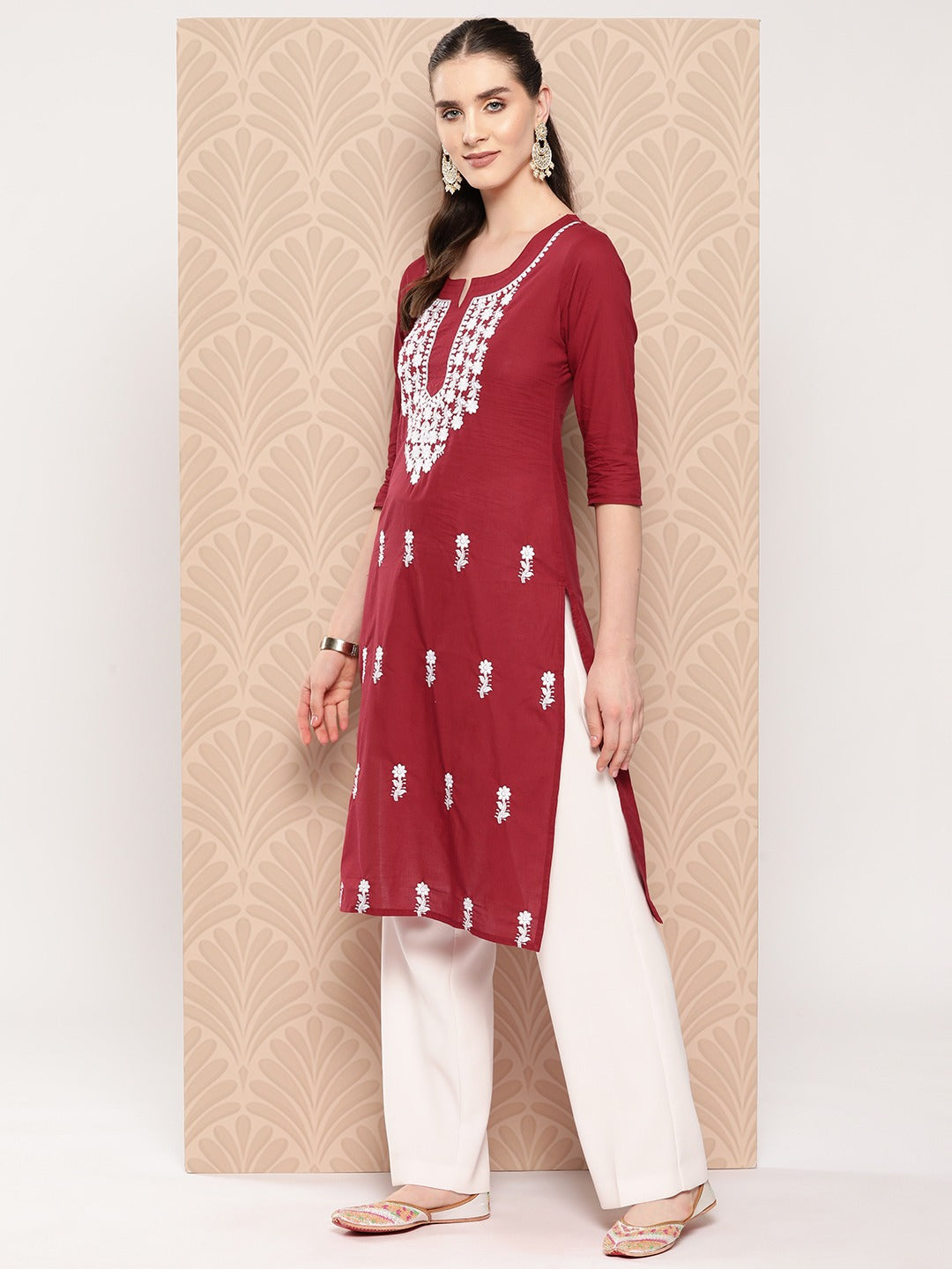 Maroon Floral Embroidered Pure Cotton Kurta-Indiakreations-JS1497KURMRS