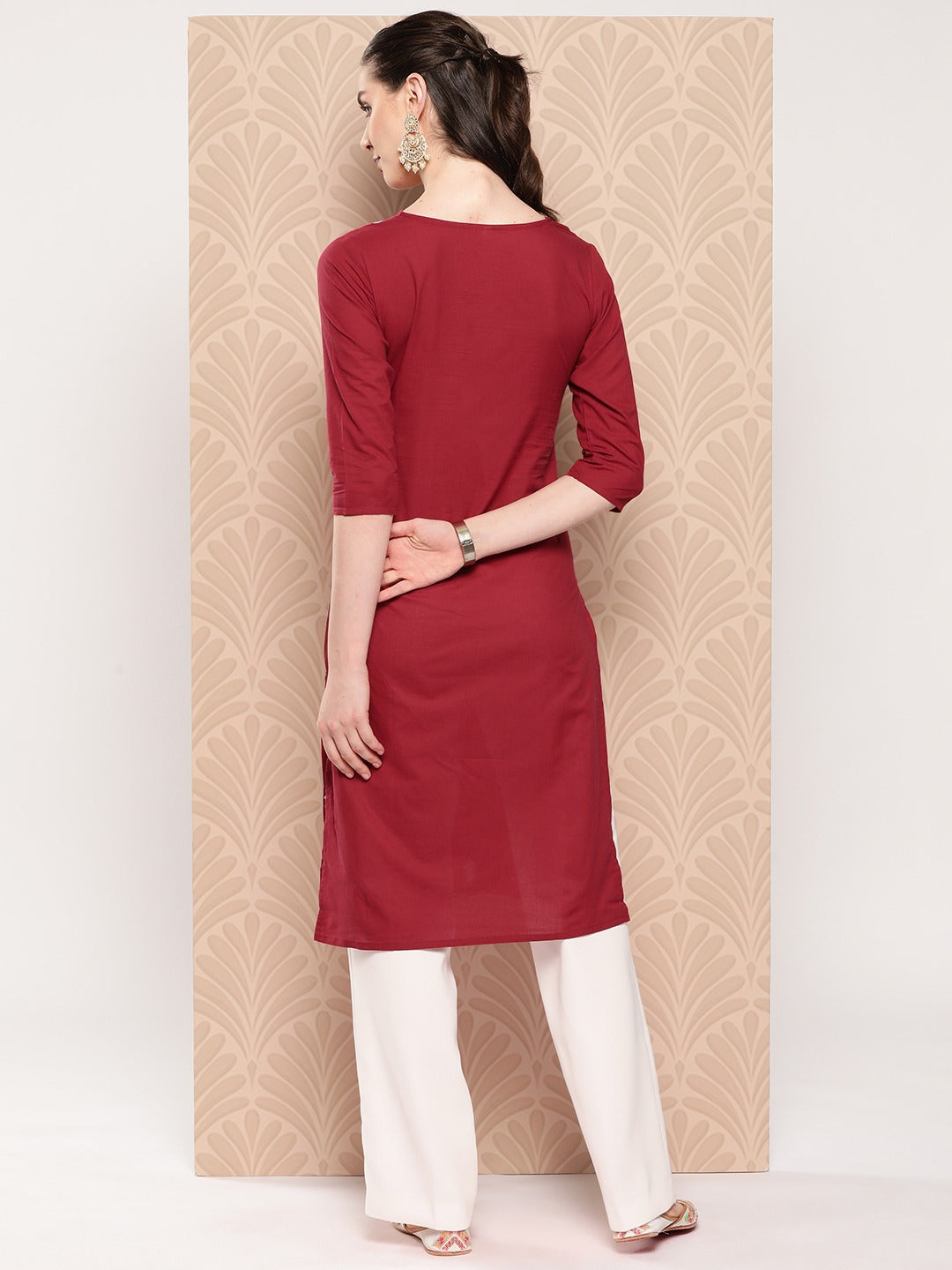 Maroon Floral Embroidered Pure Cotton Kurta-Indiakreations-JS1497KURMRS