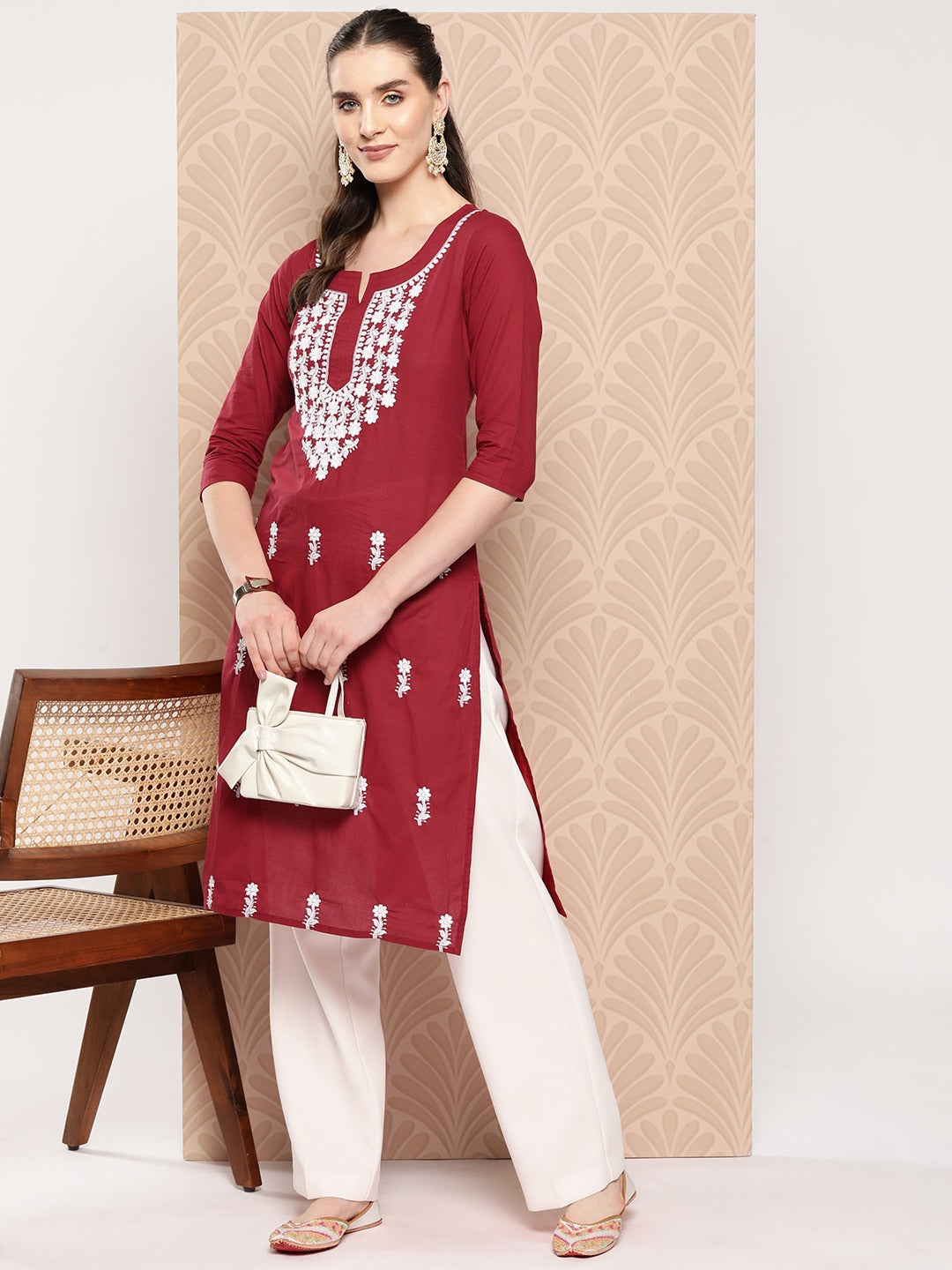 Maroon Floral Embroidered Pure Cotton Kurta-Indiakreations-JS1497KURMRS