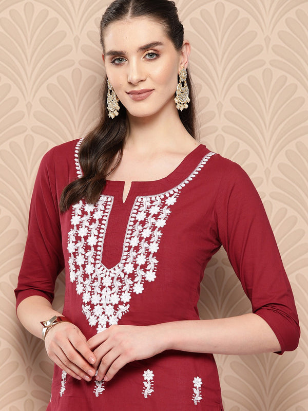 Maroon Floral Embroidered Pure Cotton Kurta-Indiakreations-JS1497KURMRS