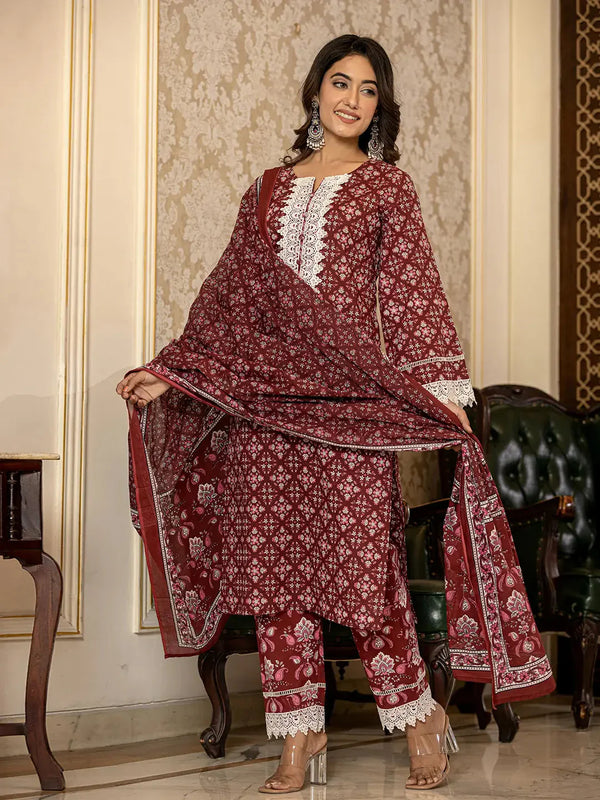 Maroon Floral Print Pakistani Style Kurta Trouser And Dupatta Set-Indiakreations-JS6854SKDMRS