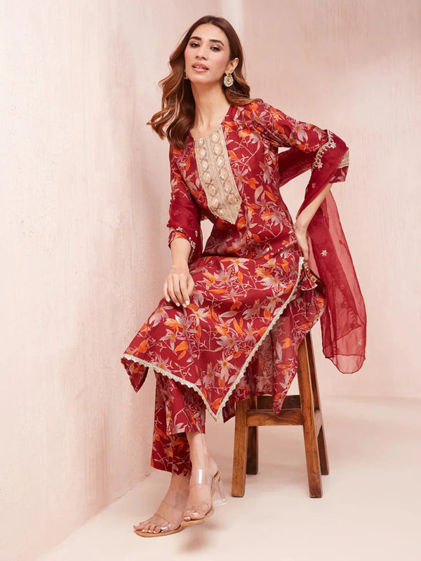 Maroon Floral Print Sequins_Work Straight Kurta Trouser And Dupatta Set-Indiakreations-JS1784SKDMRS