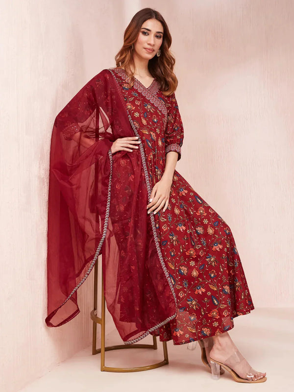 Maroon Floral Print Zari_Work Anarkali Kurta Trouser And Dupatta Set-Indiakreations-JS1440SKDMRS