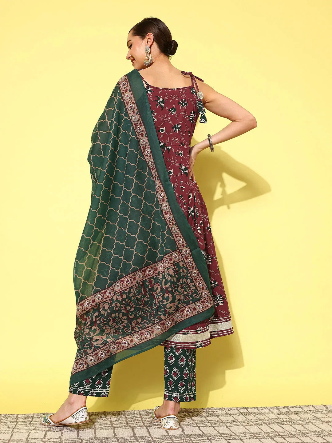 Maroon Floral Printed Pleated Pure Cotton Kurta with Trousers & Dupatta-Indiakreations-JS1428SKDMRS