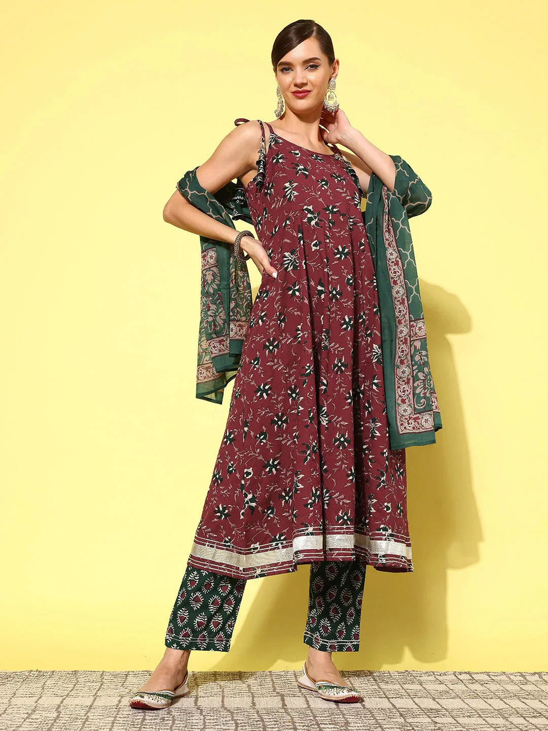 Maroon Floral Printed Pleated Pure Cotton Kurta with Trousers & Dupatta-Indiakreations-JS1428SKDMRS