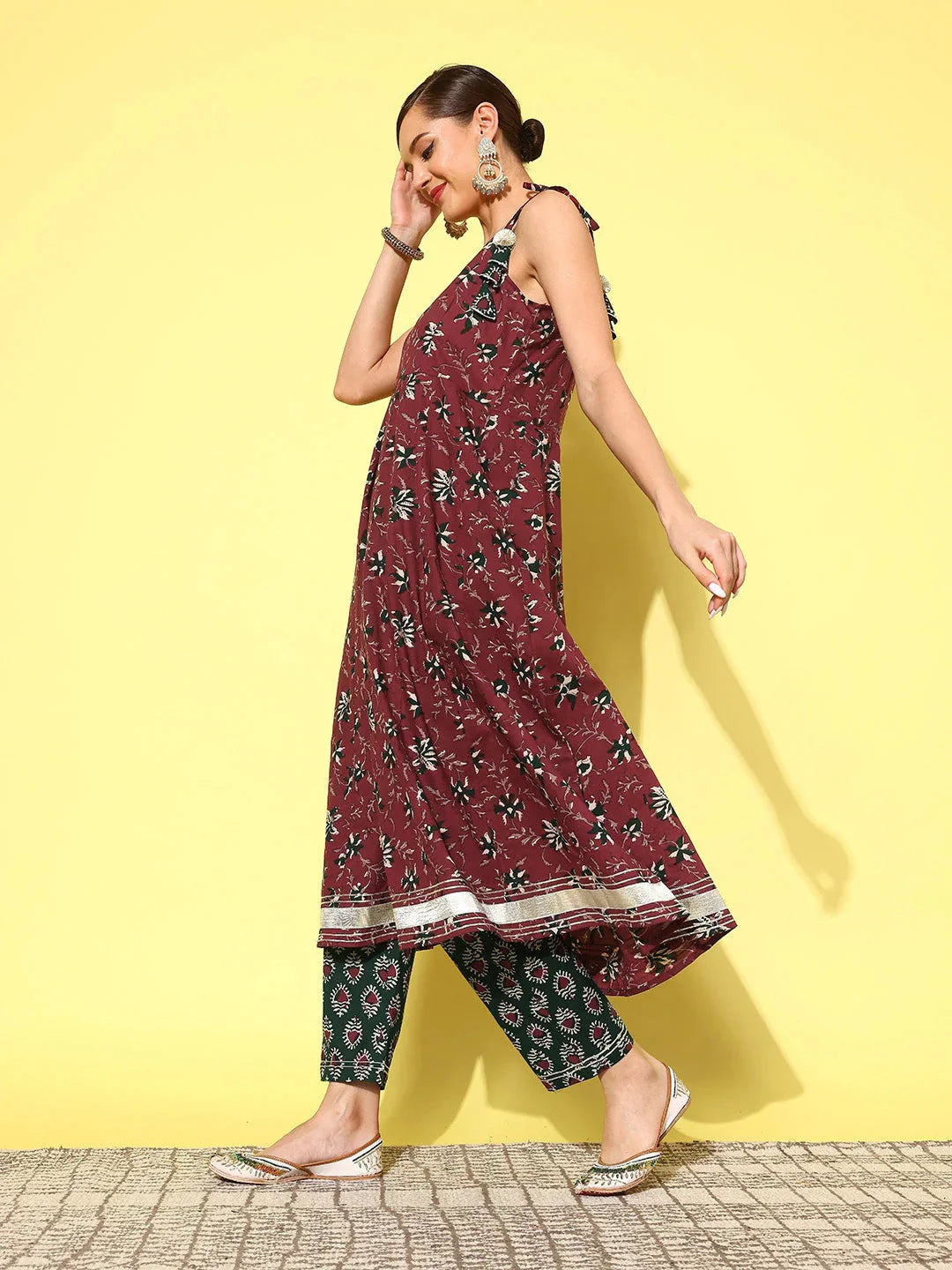 Maroon Floral Printed Pleated Pure Cotton Kurta with Trousers & Dupatta-Indiakreations-JS1428SKDMRS